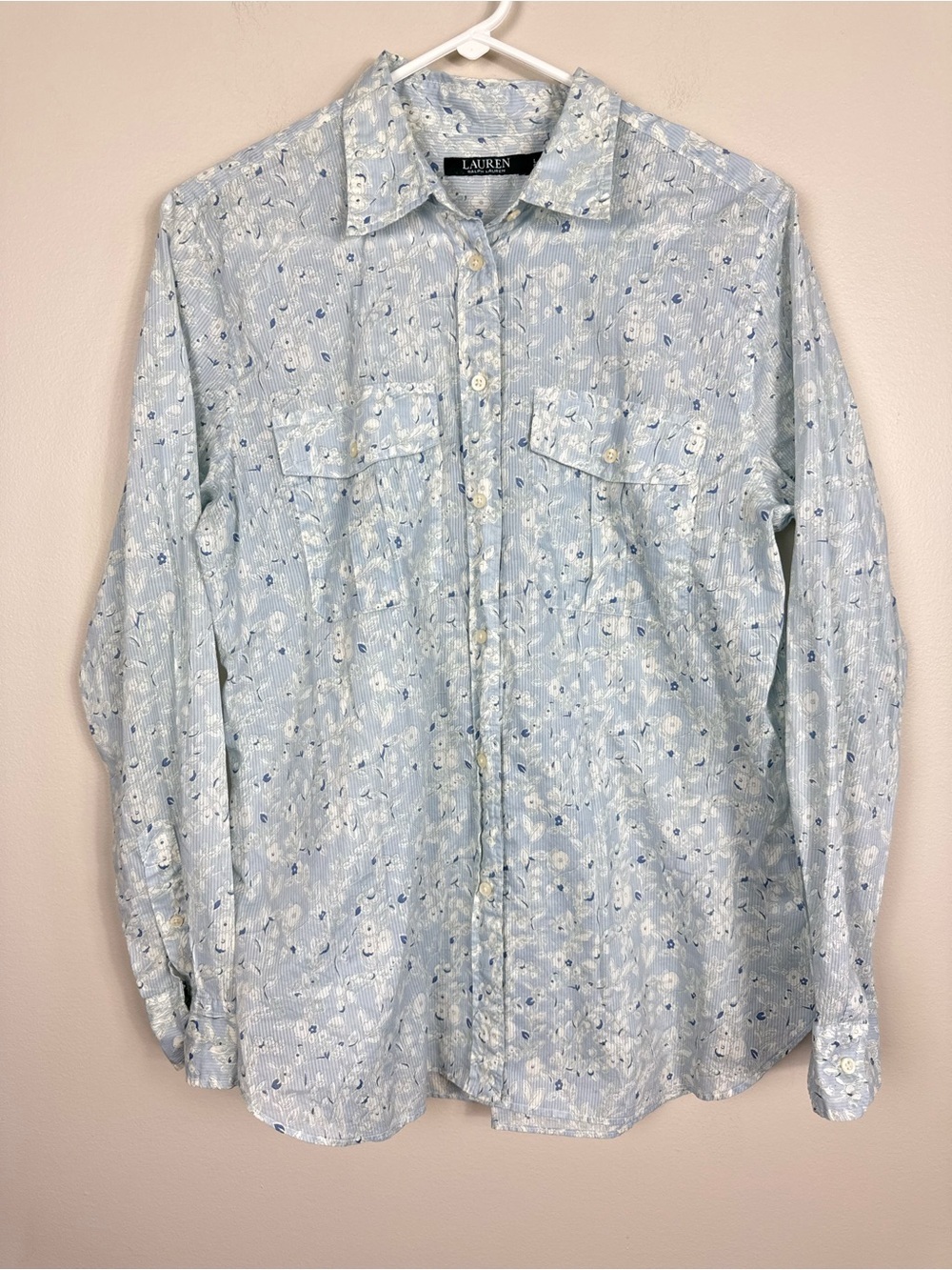 Lauren Ralph Lauren Button Up Top Women Large Blue Floral Cotton Cottage Coastal